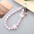 Pink aurora beaded phone strap with matte heart star charms and silver tassels - Pink Star Charm (K4950)