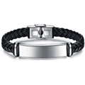Pulsera trenzada de cuero negro con placa de acero inoxidable pulido de 12mm - Color acero