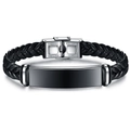 Pulsera para hombre de cuero trenzado negro con placa de acero inoxidable y cierre plata - Negro