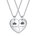 Matching silver heart puzzle necklaces with Her King and His Queen crown engraving - Crown Couple Style