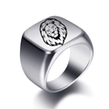 Classic silver stainless steel signet ring with a laser-engraved lion head design - US 7 / Steel