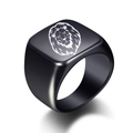 Men's black brushed stainless steel signet ring with engraved white lion head pattern - US 7 / Black