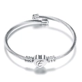 Silver stainless steel cable wire open bangle with heart charm and letter E engraving - Letter E / Silver