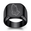 Macro shot of praying hands laser engraving on a black stainless steel signet ring - Size 5 / Black Praying Hands (CG1500) / Black