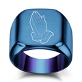Blue stainless steel signet ring featuring laser engraved praying hands on a square face - Size 5 / Blue Praying Hands (CG1500) / Blue