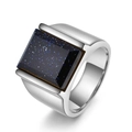 Polished silver stainless steel ring with a large rectangular sparkling blue sandstone - US 7 / Steel-Blue