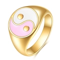 Detail of 18K gold stainless steel ring with pink and white enamel yin yang symbol - US 7 / Gold Pink