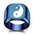 Polished blue stainless steel signet ring featuring a laser-engraved Yin Yang Tai Chi symbol - US 5 / Blue