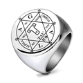 Anello con sigillo in acciaio inossidabile lucido con pentagramma slavo e simboli mistici - US 9 / Color Acciaio
