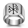 Bague pour homme en acier inoxydable poli avec symboles religieux Chi-Rho et Alpha Omega - US 5 / Acier