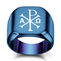 Chevalière bleue en acier inoxydable pour hommes avec symbole religieux Chi-Rho gravé - US 5 / Bleu