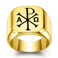 Chevalière carrée en acier inoxydable doré avec symboles religieux Chi-Rho et Alpha Omega - US 5 / Or