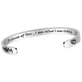 6mm silver stainless steel open bangle engraved with Mom and double heart pattern for women - Because of You I am Who I am today