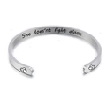 5mm silver stainless steel open bangle with engraved She doesn't fight alone and hearts - She doesn't fight alone (22)