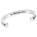Detailed close-up of 6mm silver stainless steel cuff engraved with BE Amazing TODAY - BE Amazing TODAY