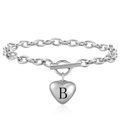 Polished silver stainless steel heart charm bracelet with engraved letter B and toggle clasp - Letter B