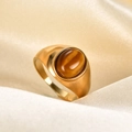 Vue macro latérale d'une bague vintage en acier inoxydable 18K avec œil de tigre - US 7 / Marron