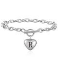 Polished silver heart pendant bracelet with letter R engraving and toggle clasp - Letter R