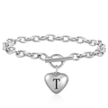 Silver stainless steel OT clasp bracelet with heart pendant featuring letter T engraving - Letter I