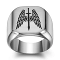 Anello a sigillo in acciaio inossidabile lucido con ali d'angelo e motivo spada - US 6 / Colore acciaio