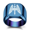 Anello con sigillo in acciaio inossidabile blu lucido con logo spada e ali di angelo - US 6 / Canna di Fucile