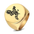 Polished gold signet ring with black laser engraved zodiac rooster pattern for women - US 7 / Gold