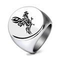 Polished stainless steel signet ring featuring a laser engraved tribal rooster design - US 7 / Steel