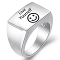 Anillo rectangular de plata pulida con texto Love Yourself y motivo de cara sonriente - US 5 / Color acero