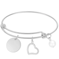 Bracelet en acier inoxydable argent avec pendentif cœur disque et perle blanche - Acier