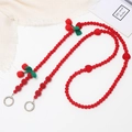 Red beaded phone strap with velvet beads, crochet cherry charms and metal ring - Plush Cherry (K2252)