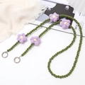 Dark green beaded phone strap with purple handmade crochet flowers and silver rings - Plush Flower (K2245)