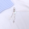 Iridescent butterfly keychain with silver cross pendant and pearl bead hanging chain - Colorful Butterfly Pendant