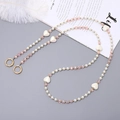 Crossbody phone chain with white heart beads, faux pearls, and pink crystals on grey background - 120cm Crossbody / Pink Pearl Heart (K3195)