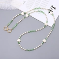 Crossbody beaded phone strap with white pearls, green square beads and heart charms - 120cm Crossbody / Green Pearl Heart (K3197)