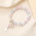 Beaded bracelet featuring rose quartz and opal stones with silver charms and bells - Pastel Pink (K3398)