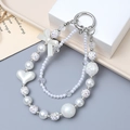 White pearl beaded phone strap with silver bow and rose heart pendant charms - Double Chain Heart Bowknot Charm (K3477) / White