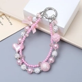 Pink pearl beaded phone strap with ribbon bow and silver spring clip charm - Double Chain Heart Bowknot Charm (K3478) / Pink
