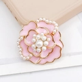 Macro view of light pink camellia flower charm with golden edges and pearl center - D820 Pearl Flower (Pink)