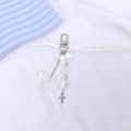 Iridescent butterfly keychain with pearl beads and metal cross charm on silver clasp - Colorful Butterfly Pendant