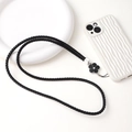 Braided black PU leather phone lanyard featuring a stylish camellia pendant with rhinestone - Black