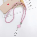 Pink braided PU leather phone strap featuring a crystal flower charm and silver metal base - Pink