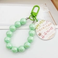 Light green pearl beaded keychain with cute cartoon bear acrylic charm and metal clip - Green (Eat Full To Lose Weight)