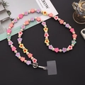 Pink and purple flower beaded phone strap with natural wood beads and silver clasp - Candy Color Flower Beaded Style (K1036)