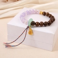 Lavender crystal and wooden beaded bracelet with golden Fu pendant and green jade ring - Purple Crystal Zen Wood Style (K4245)