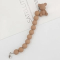 Detail of khaki silicone bead chain featuring a cute matte bear pendant on white background - Khaki Sitting Bear (K701)