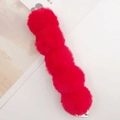 Detail of five vibrant red faux fur pom-poms on a metallic silver alligator hair clip - 5 Pom Pom Strap (Strap) / Red (K736)