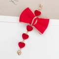 Red plush bow charm with heart pendants and gold metal hardware for DIY accessories - Red