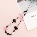 Handmade phone strap with black and pink acrylic hearts and baroque style pearls - Clearance/Off-shelf / Pink and Black (K877)