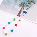 Detail of colorful smiley face beaded phone lanyard with polymer clay and seed beads - Multicolor Smiley White Beads (K929)