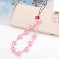 Cordino per telefono con fiori in legno rosa con perline rotonde e passante nero - Rosa (Fiore di Luna)